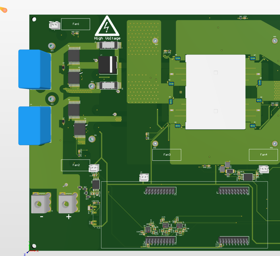 Altium 3D render of the 725 W phase-shifted full-bridge converter PCB